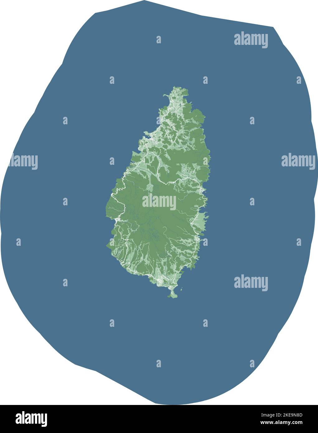 Mappa di Santa Lucia, paese dell'isola caraibica. Mappa dettagliata con confine amministrativo, edifici, mare e foreste, città e strade. Illustrazione Vettoriale