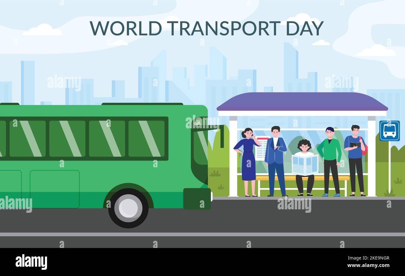 Giornata mondiale dei trasporti pubblici. Caratteri animati o oggetti vettoriali relativi a strade trafficate e simboli autostradali. Illustrazione Vettoriale