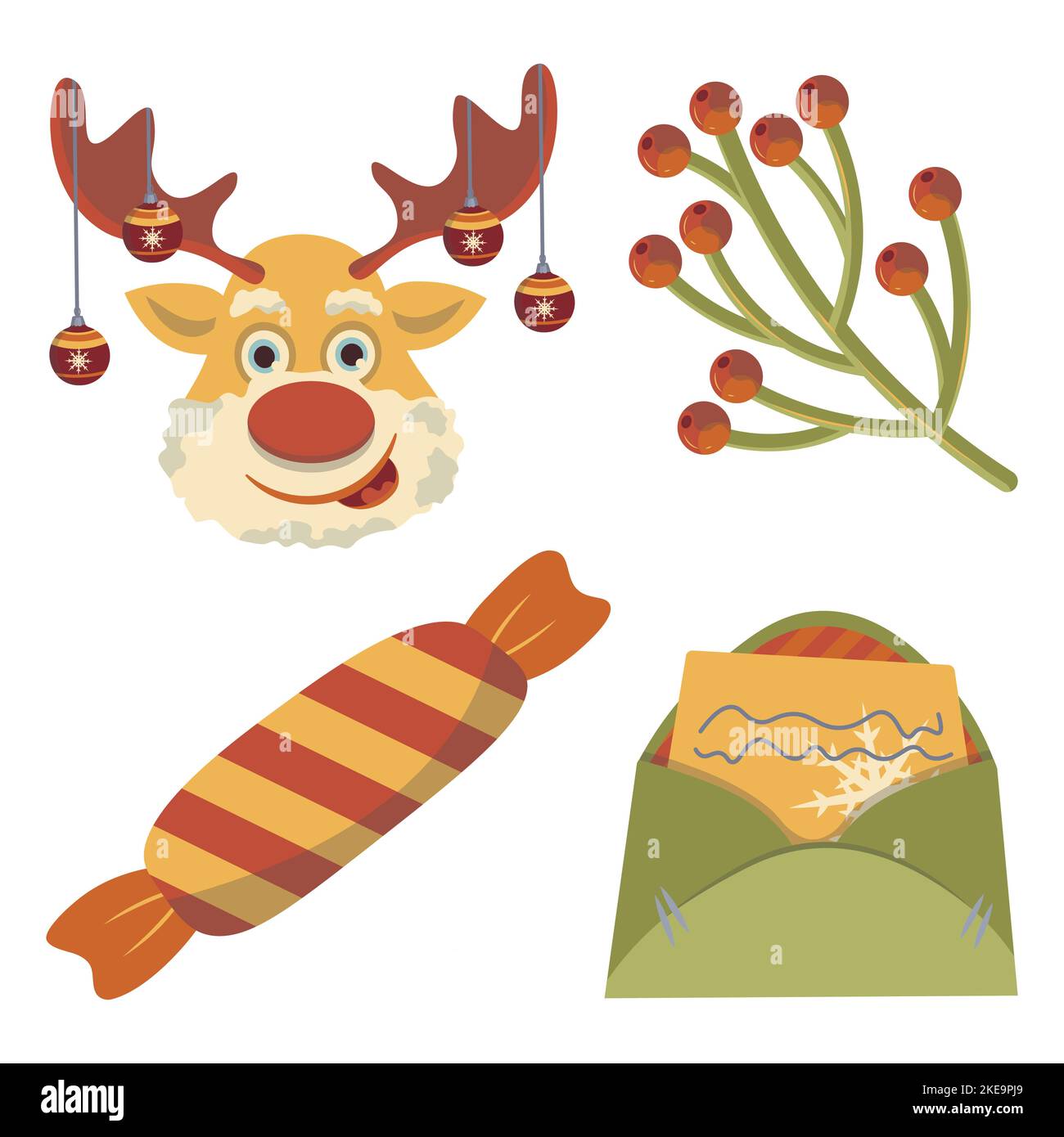 set di composizioni per capriolo di natale con giocattoli sul vettore di lettere di congratulazioni caramelle antlers Illustrazione Vettoriale