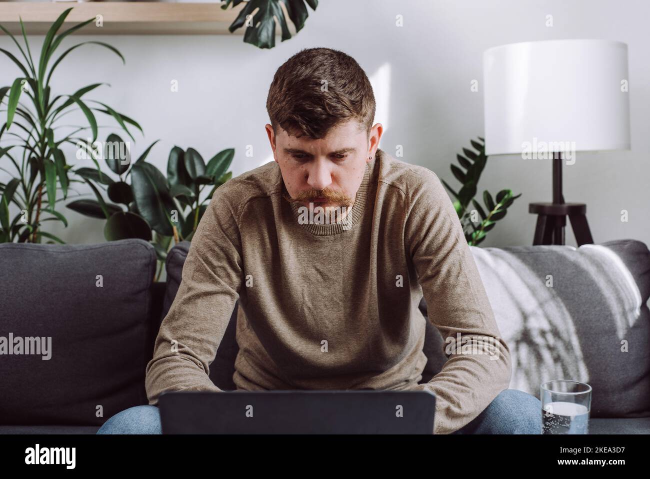 Primo piano di un giovane uomo concentrato seduto su un comodo divano a casa lavorando su un moderno gadget per laptop, focalizzato 30s maschio bearded a tavolo che naviga in wireless Foto Stock
