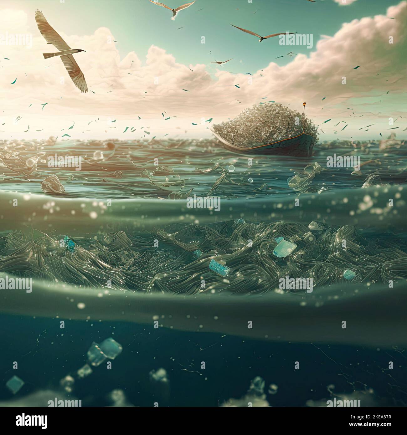 Vista mare di un'ampia di plastica e rifiuti nell'oceano e nel mare. Disastri ambientali con la discarica di plastica, metalli leggeri come lattine di stagno Foto Stock