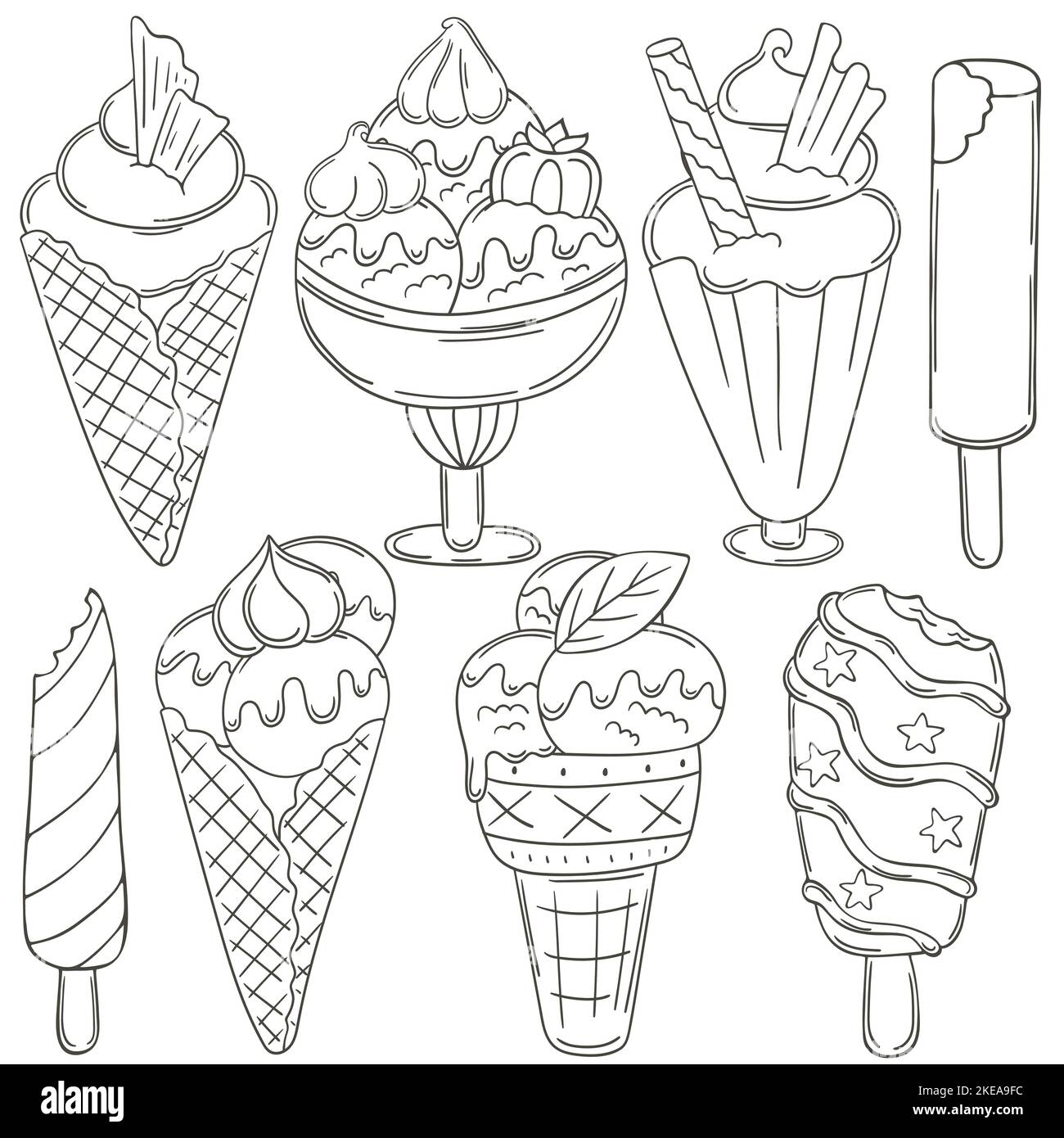 gelati da colorare - 5 Gelato da colorare. Set di illustrazioni vettoriali in stile disegno a mano. Collezione di icone, spille, adesivi. Gelato in una tazza, in un vaso, papsiclo, spazzatura Immagine e Vettoriale - Alamy