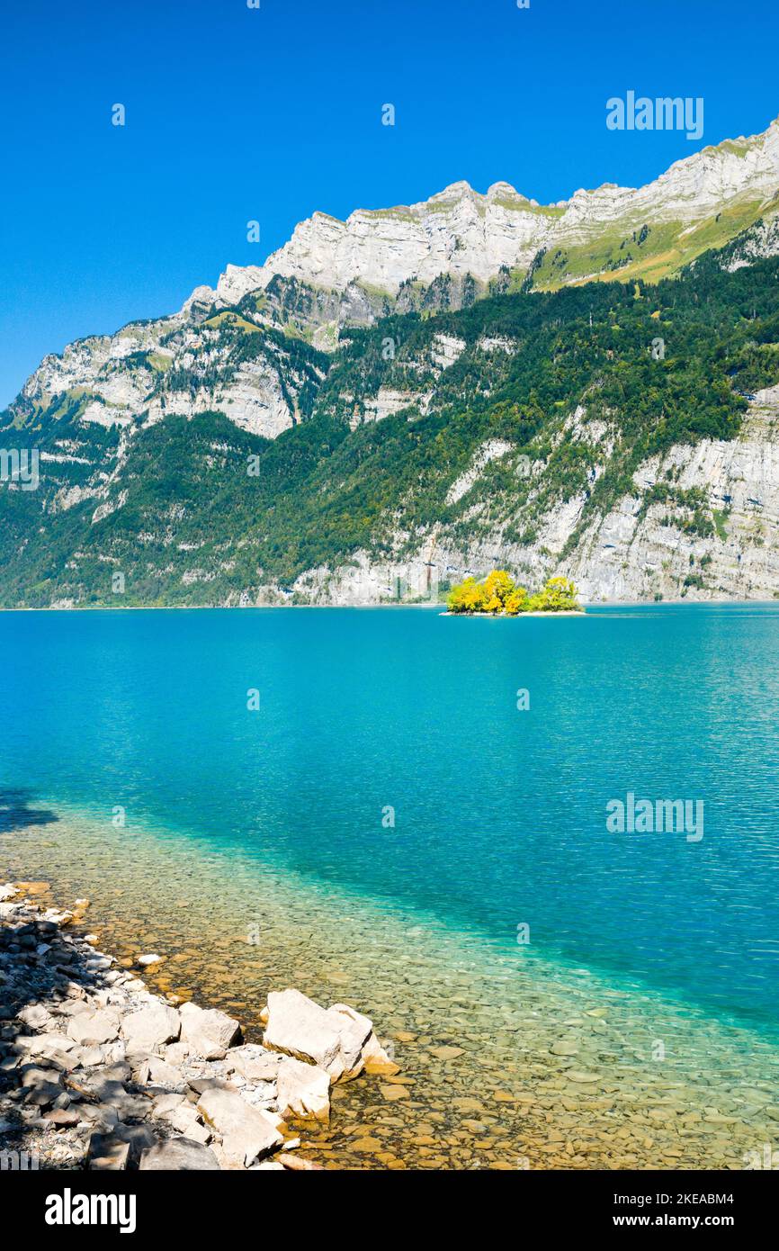 Aussicht vom Ufer des Walenses auf die kleine Schnittlauchinsel inmitten des türkis farbenen Wassers und mit dem Bergmassiv Schären im Hintergrund, Foto Stock