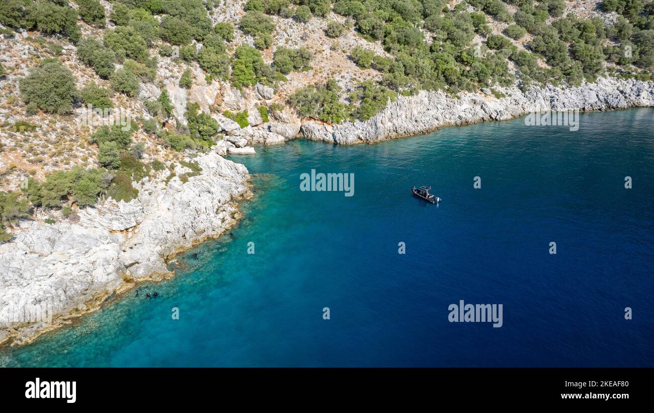 Veduta aerea della costa dell'isola di Tersane, Göcek Fethiye Turchia Foto Stock