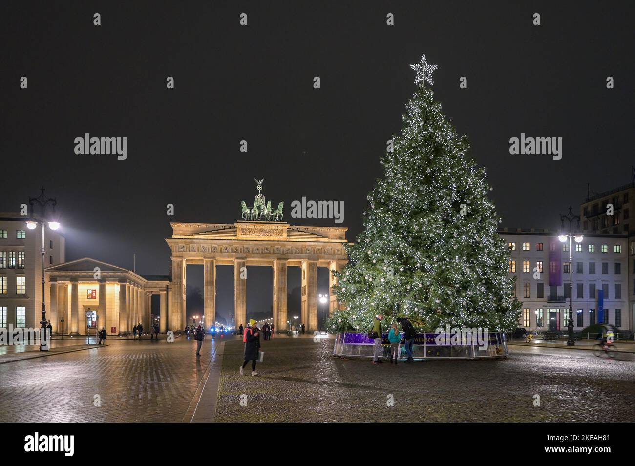 Weihnachtsbaum auf dem Pariser Platz a Berlino vor dem Brandenburger Tor Foto Stock