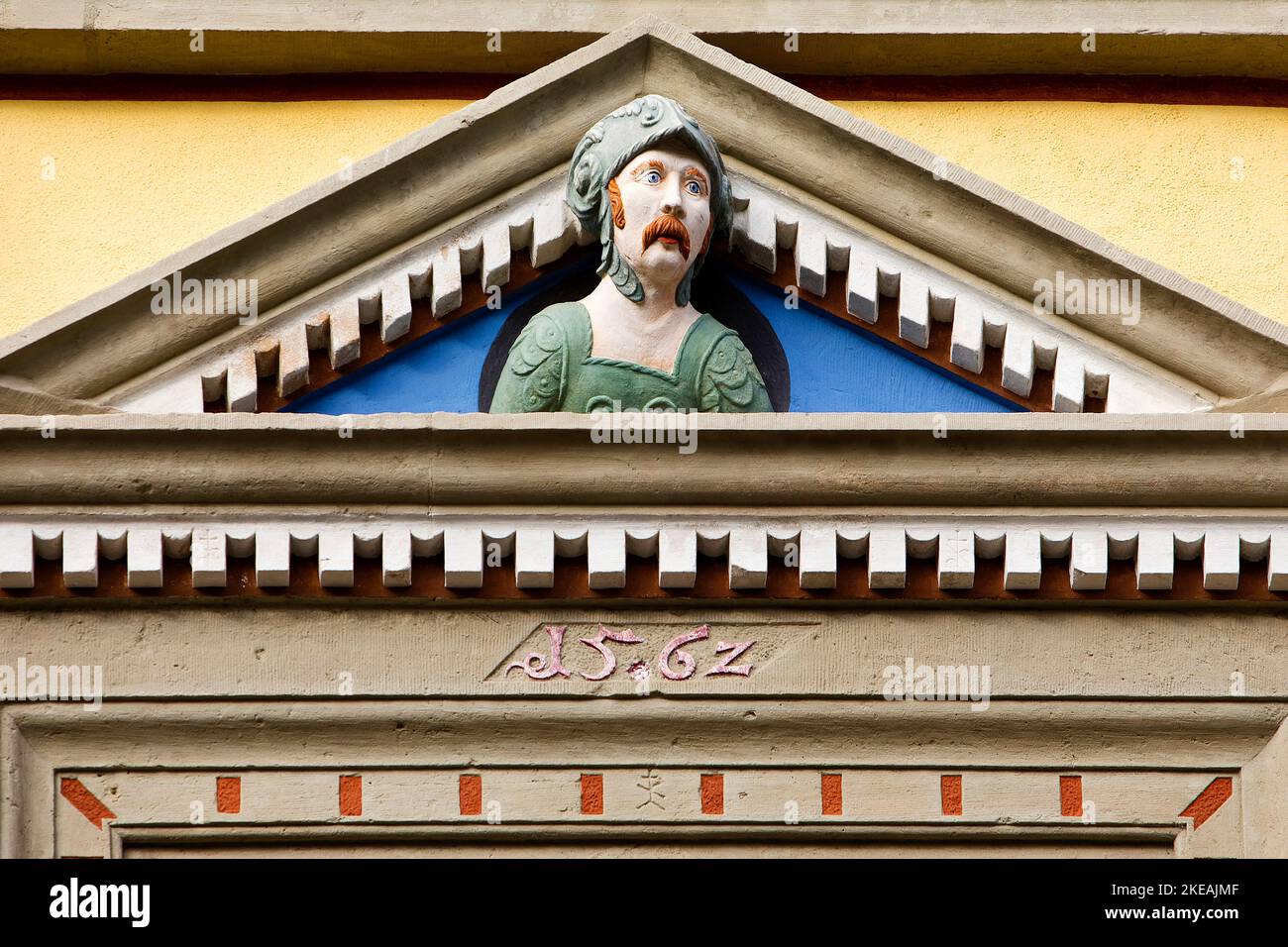 Una cosiddetta testa di pula sulla facciata della Haus zum Roten Ochsen, Germania, Thueringen, Erfurt Foto Stock