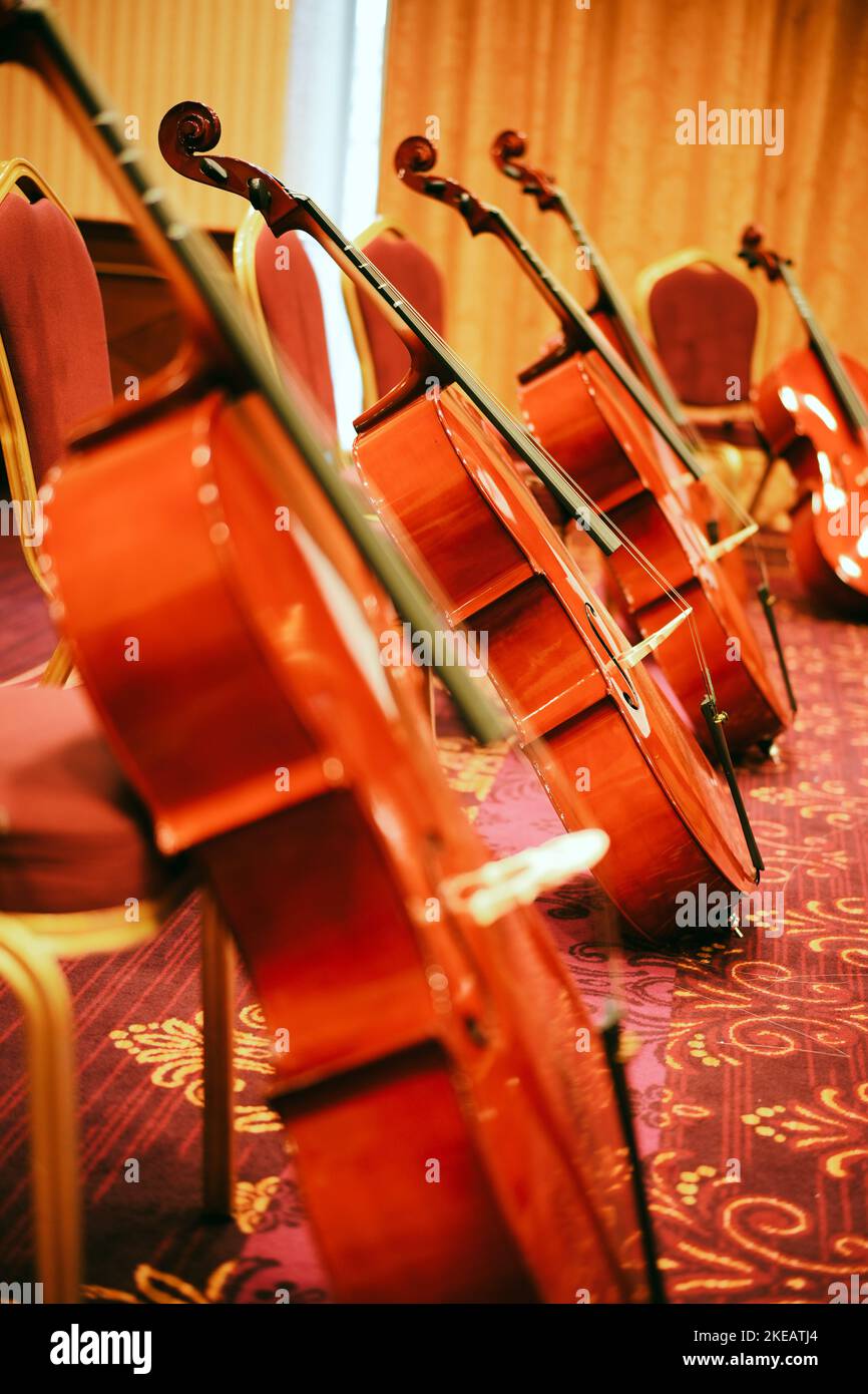 Immagine a colori di una fila di cellos in una stanza. Foto Stock