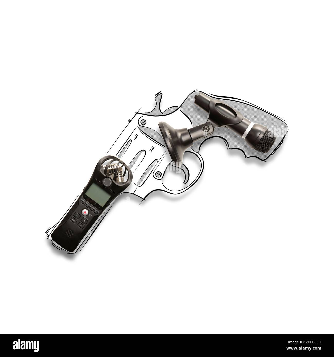 Collage d'arte contemporanea. Design minimalista e creativo. Microfono e registratore vocale nascosti nella pistola. Confronto informativo Foto Stock