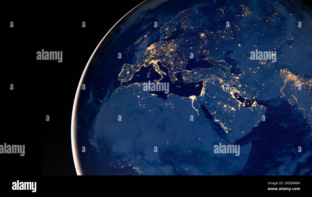 Terra di notte, luci della città d'Europa. Elementi di questa immagine forniti dalla NASA. Foto Stock