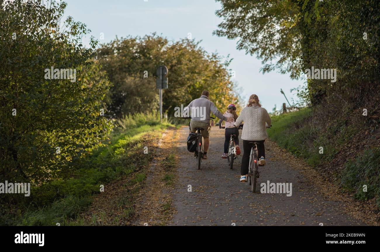 La famiglia si diverti a fare un giro in bicicletta nel parco. Weekend in bicicletta. Foto Stock