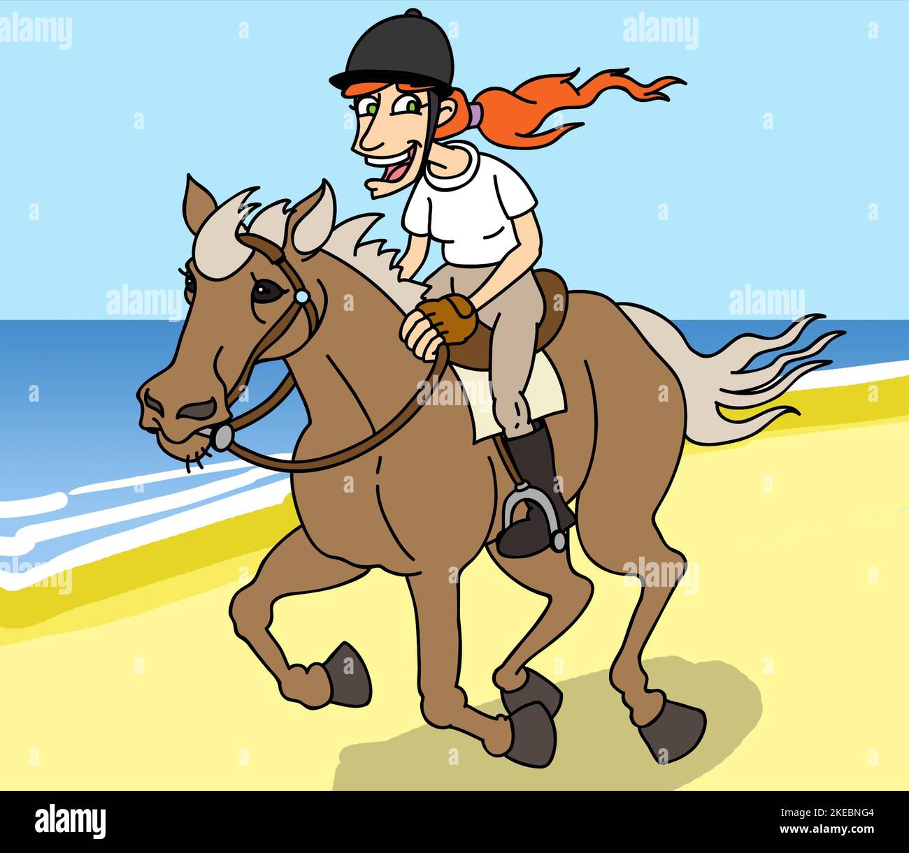 Opera d'arte di una donna dai capelli rossi che cavalca un cavallo su una spiaggia, tema, vacanze, sport, attività, divertimento all'aperto, hobby, tempo libero, tempo libero, attività Foto Stock