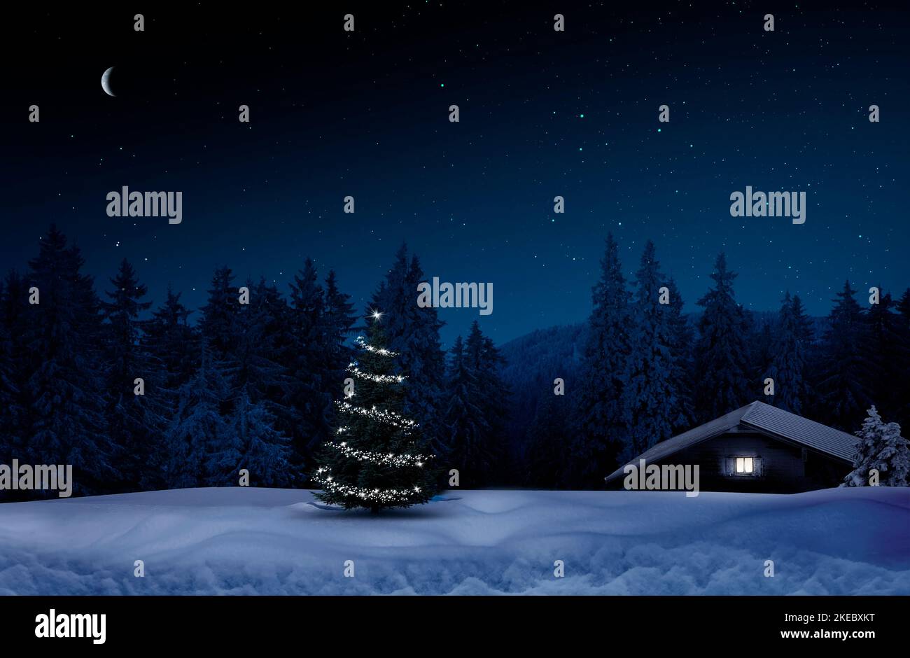 Capanna di legno con un albero di Natale in una notte d'inverno Foto Stock