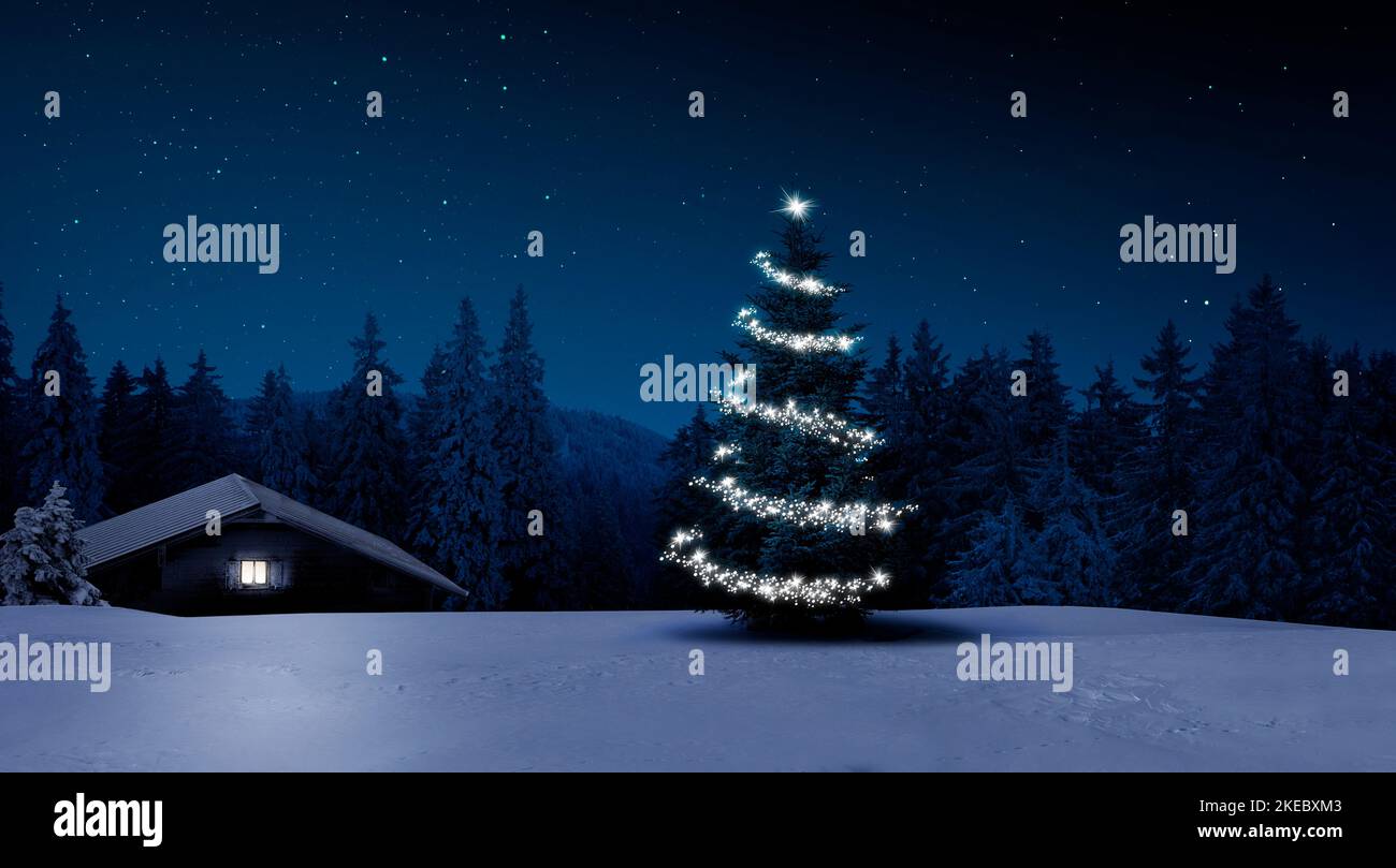 Rifugio di sci di notte in inverno con albero di Natale in primo piano Foto Stock