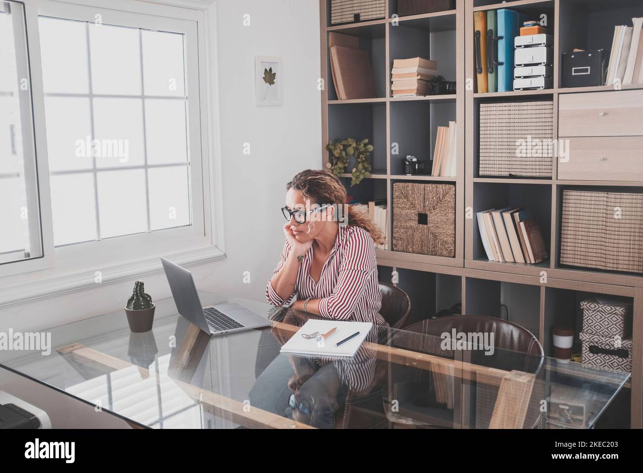 Una giovane donna che lavora a casa in ufficio con notebook e notebook prendendo appunti durante una videoconferenza. Una donna d'affari che chiama comunicare Foto Stock