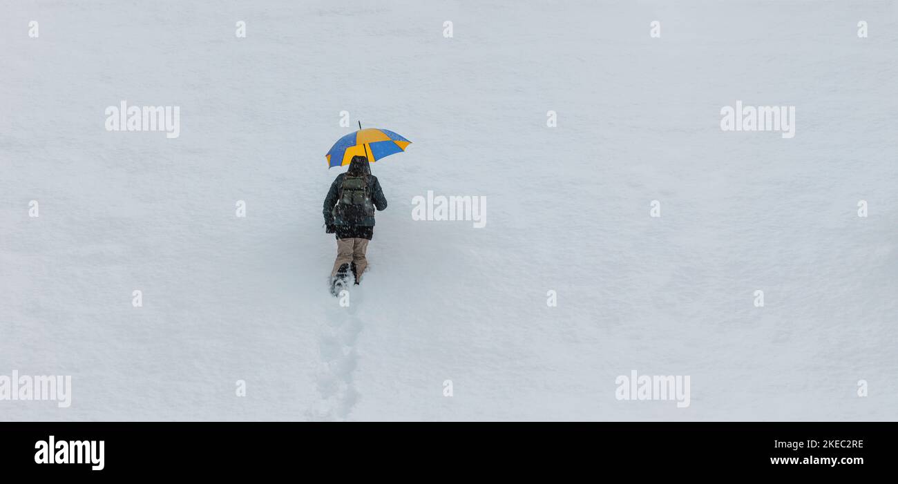 Persona con ombrello nella neve profonda Foto Stock