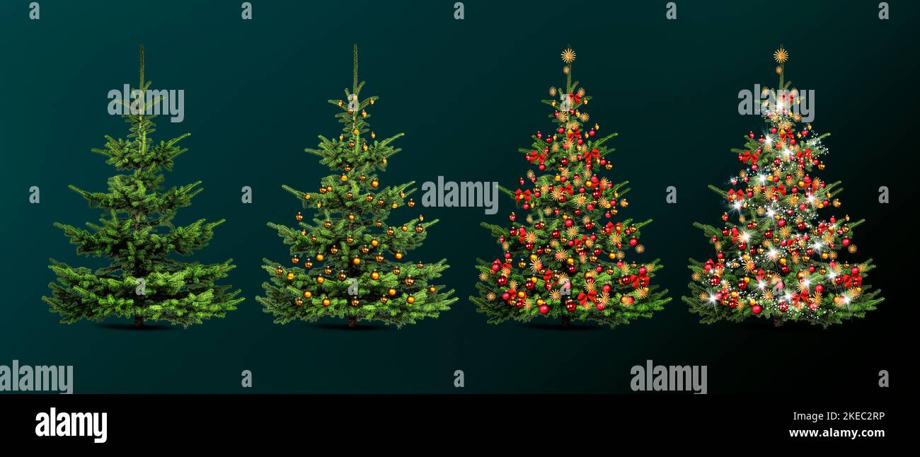 Freigestelle alberi di Natale con e senza decorazioni natalizie Foto Stock