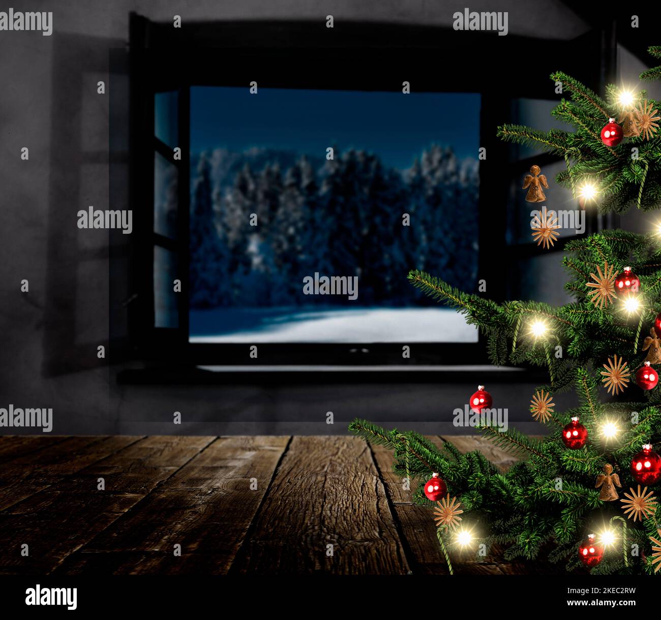 Finestra aperta a Natale con albero di Natale Foto Stock