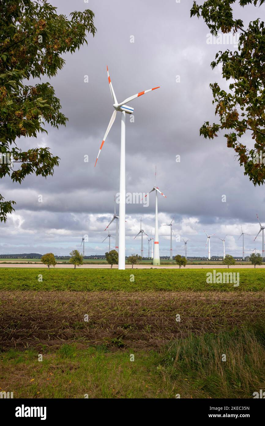Turbine eoliche su un campo durante il giorno sotto un cielo nuvoloso a Meclemburgo-Pomerania anteriore, Germania. Foto Stock