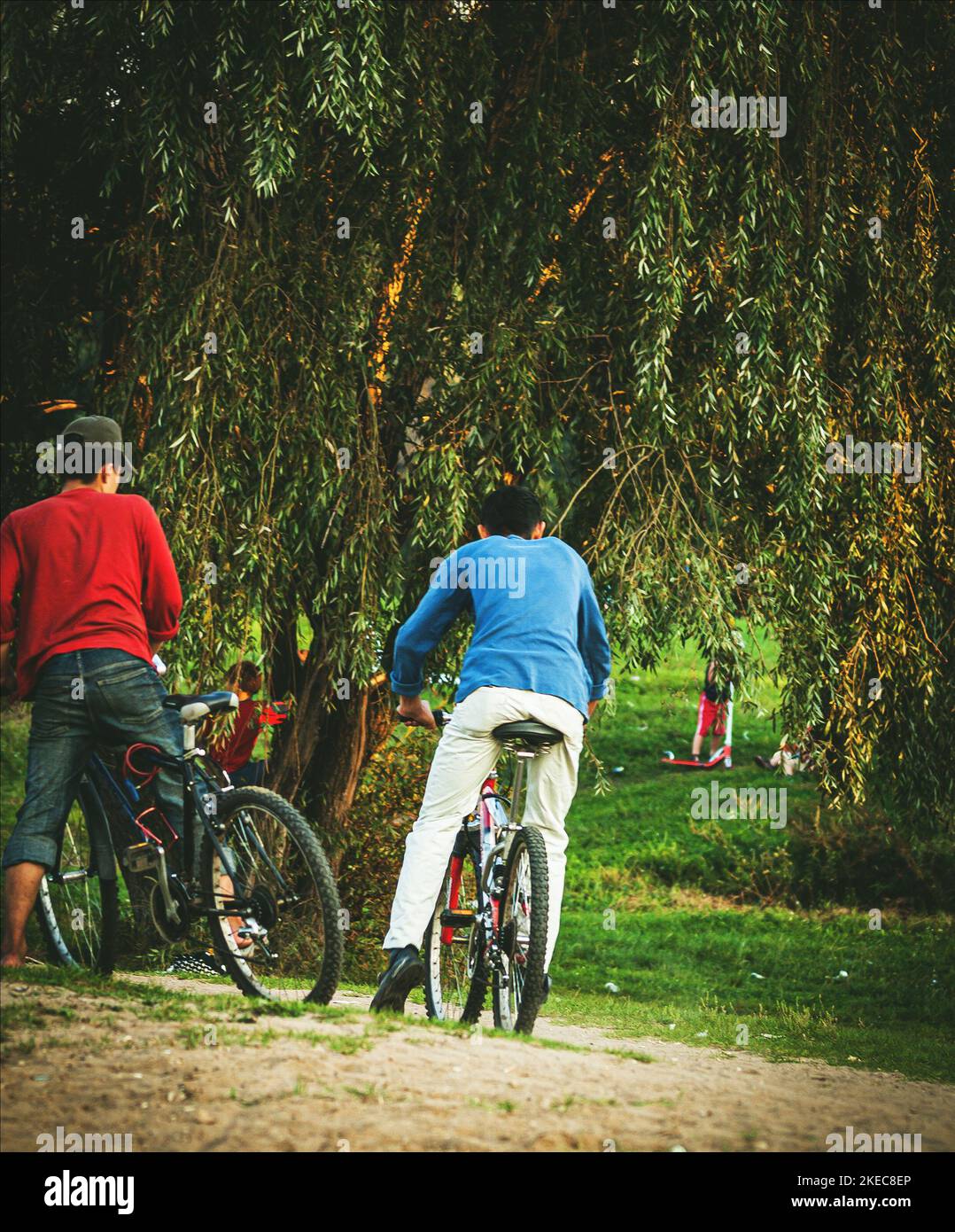 due ciclisti asiatici nel parco urbano Foto Stock