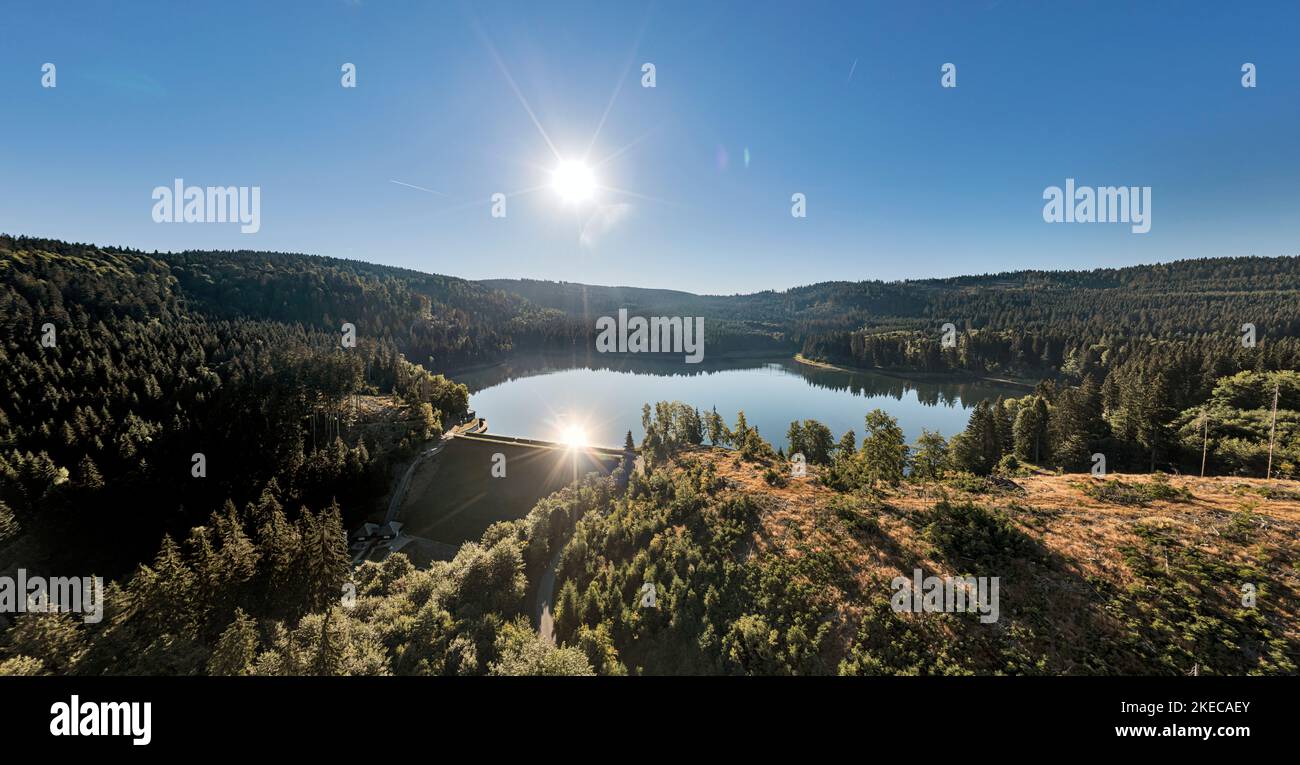 Germania, Turingia, Neuhaus am Rennweg, Scheibe-Alsbach, bacino idrico, diga, foresta, montagne, sole, retroilluminazione Foto Stock