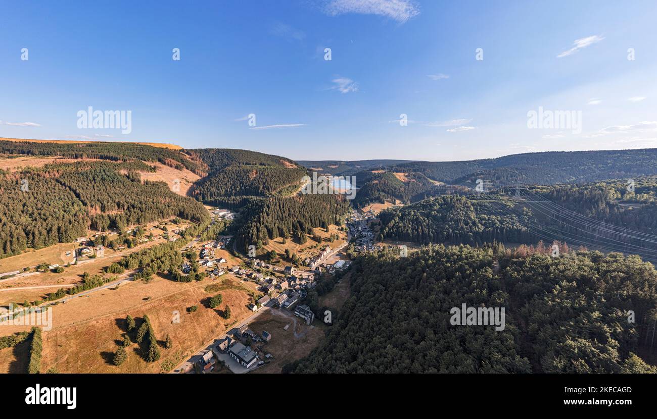 Germania, Turingia, Goldisthal, villaggio, diga, diga muro, la più grande centrale di stoccaggio pompato in Germania, foresta, montagne, valli, panoramica, panoramica, foto aerea Foto Stock