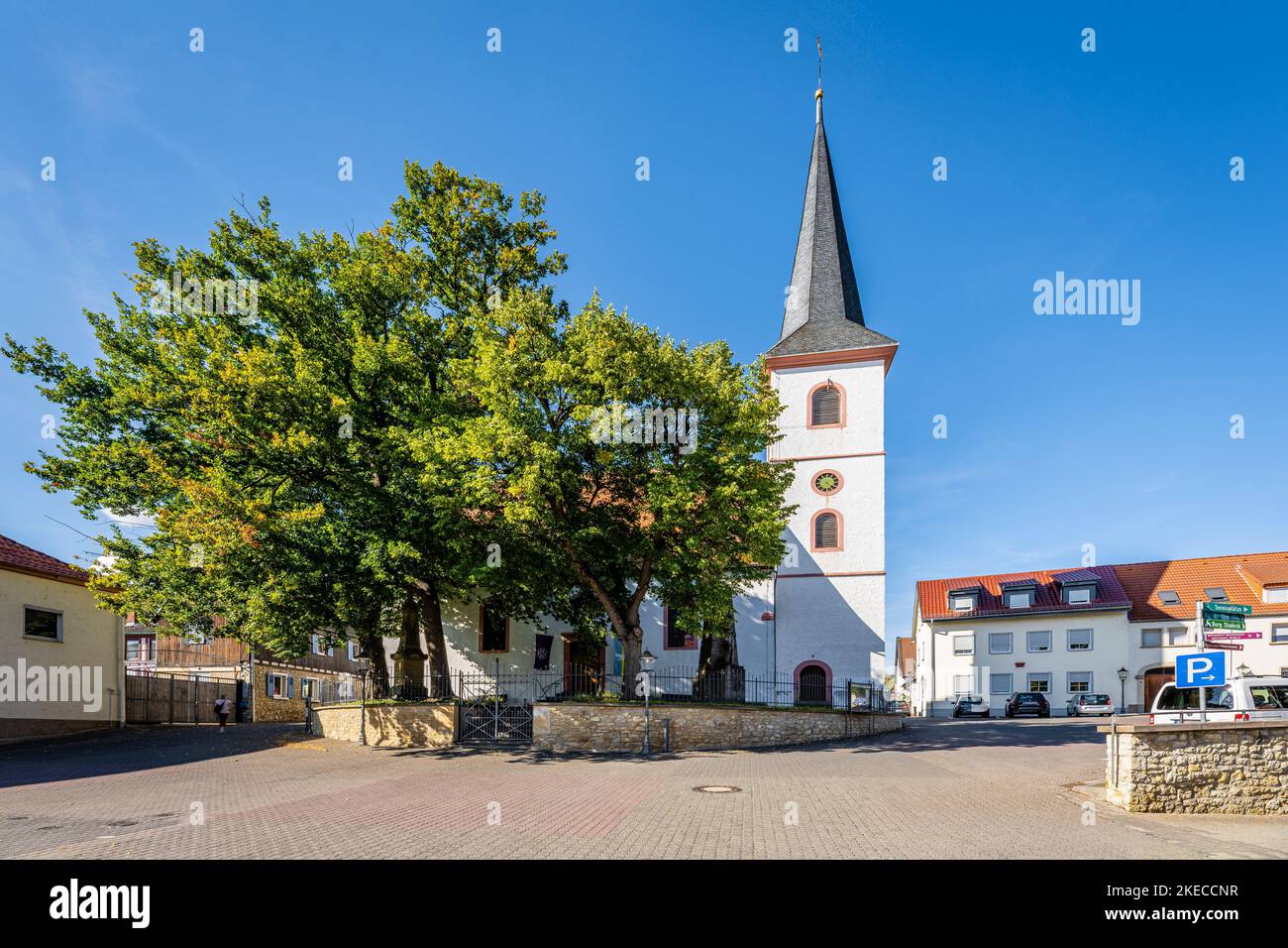 Chiesa protestante nel centro di Stadecken, Rheinhessen, Germania Foto Stock