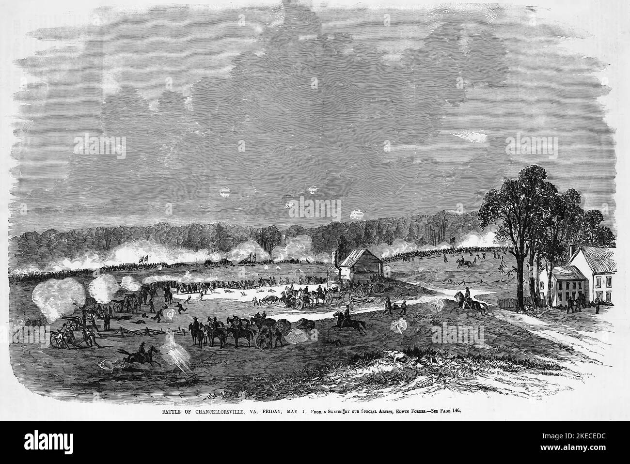 Battaglia di Chancellorsville, Virginia, venerdì 1st maggio 1863. Illustrazione della guerra civile americana del 19th° secolo dal quotidiano illustrato di Frank Leslie Foto Stock