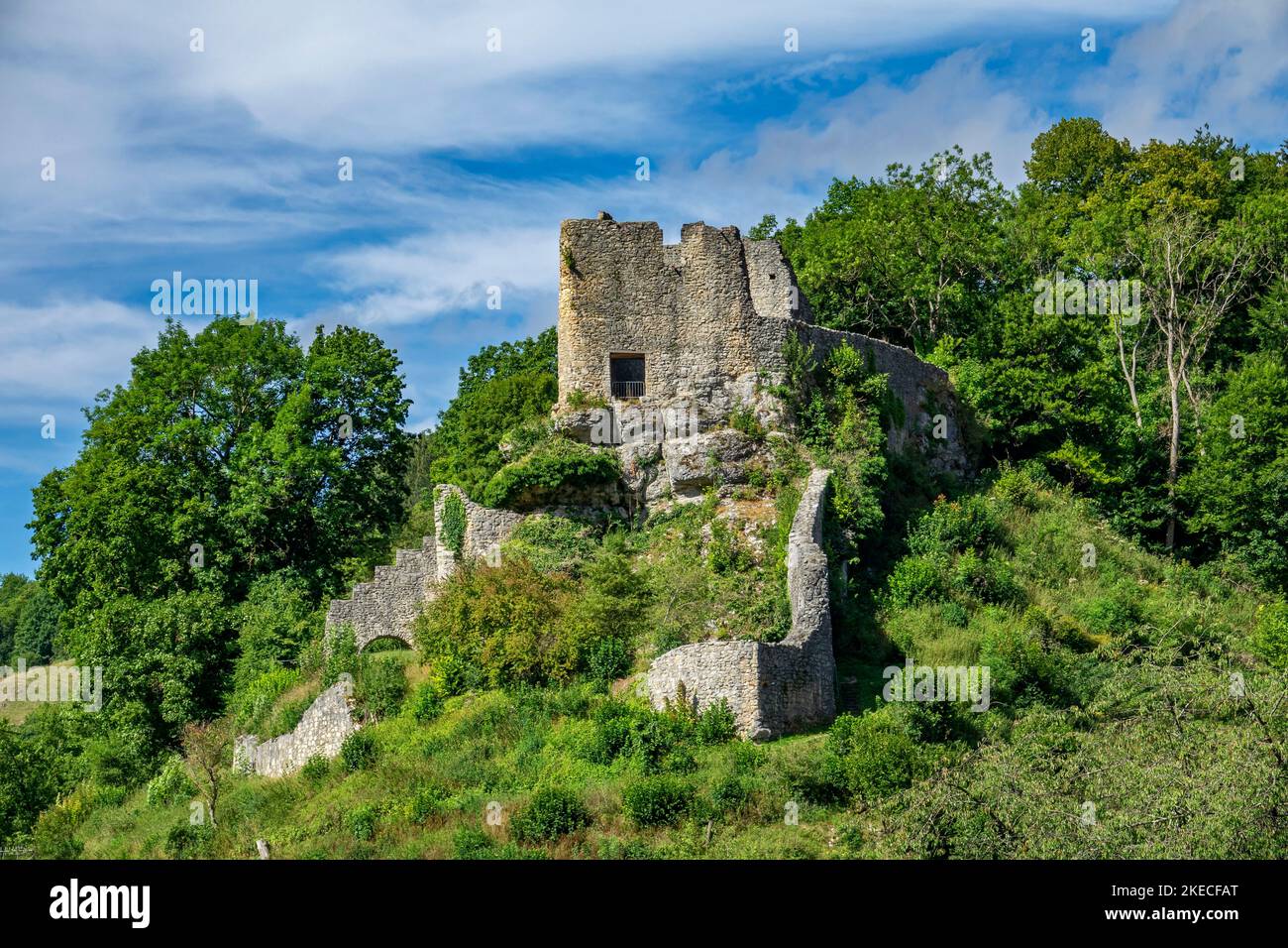 Rovine del castello di Bichishausen nella valle del fiume Great Lauter, nella zona della biosfera dell'Albano Svevo. Foto Stock