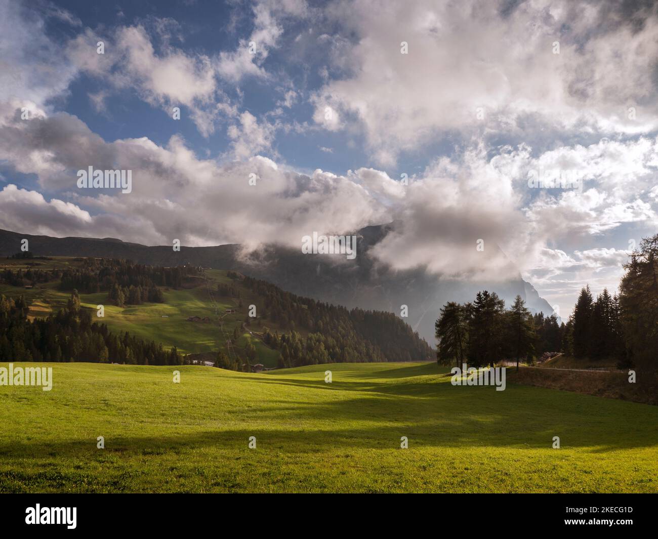 Alpe di Siusi nella luce della sera con gli Sciliar ricoperti di nuvole Foto Stock