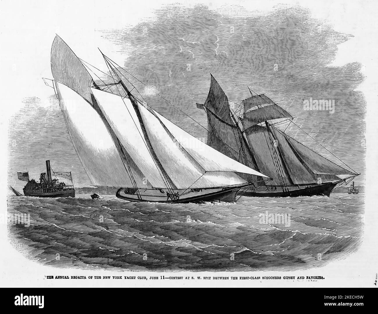 La regata annuale del New York Yacht Club, 11th giugno 1863 - Contest a sud-ovest spit tra gli scooners di prima classe Gipsey e Favorita. Illustrazione del 19th° secolo dal quotidiano illustrato di Frank Leslie Foto Stock