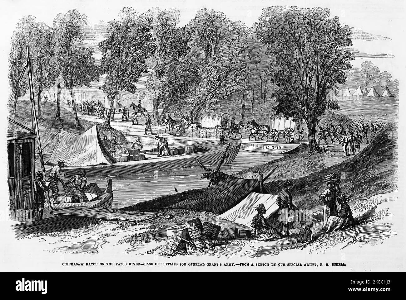 Chickasaw Bayou sul fiume Yazoo, Mississippi - base di rifornimento per l'esercito del generale Ulysses S. Grant. Giugno 1863. Illustrazione della guerra civile americana del 19th° secolo dal quotidiano illustrato di Frank Leslie Foto Stock
