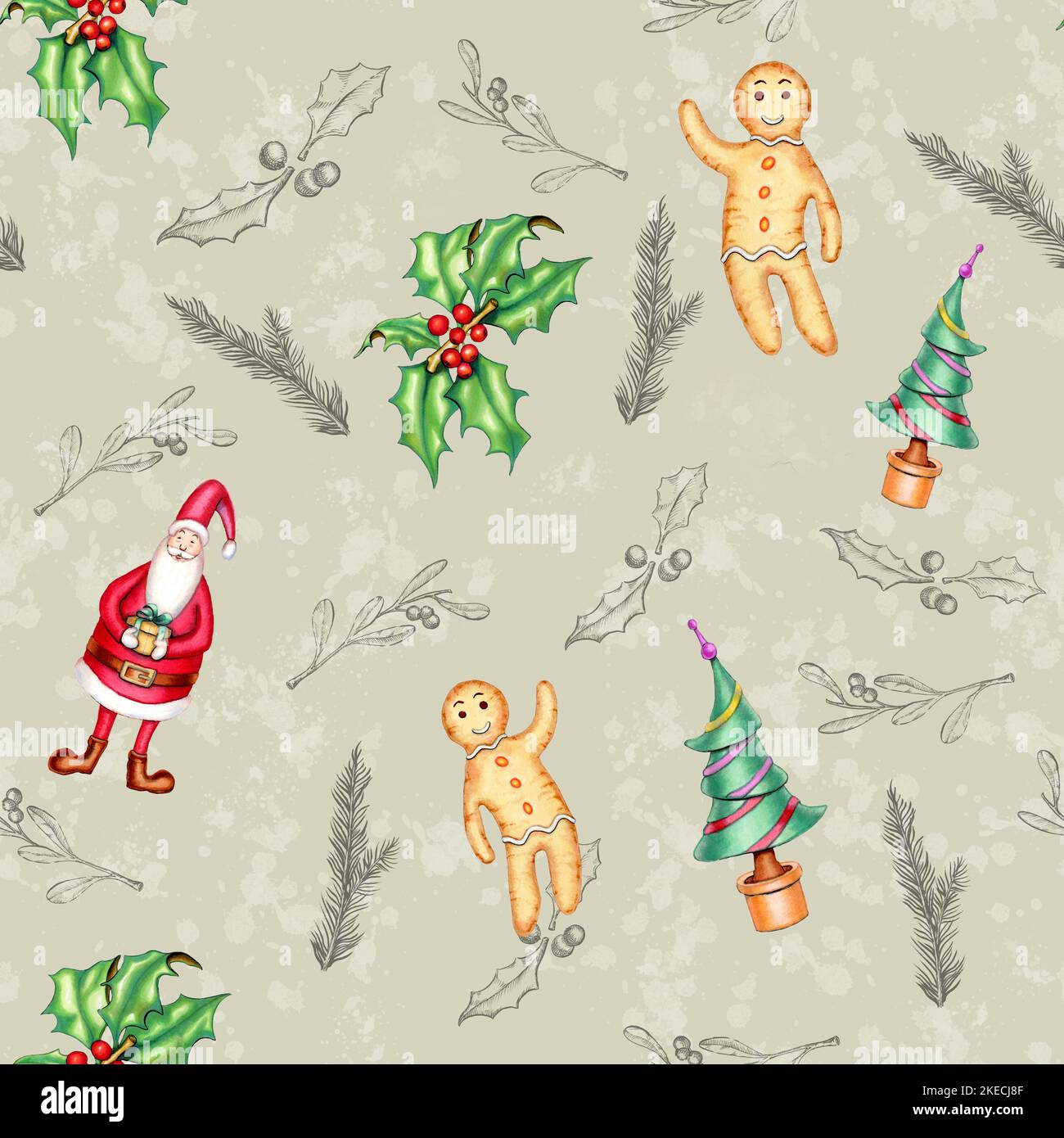 Modello natalizio con decorazioni disegnate a mano tra cui alcuni alberi, pan di zenzero, babbo natale e agrifoglio. Illustrazione digitale. Foto Stock