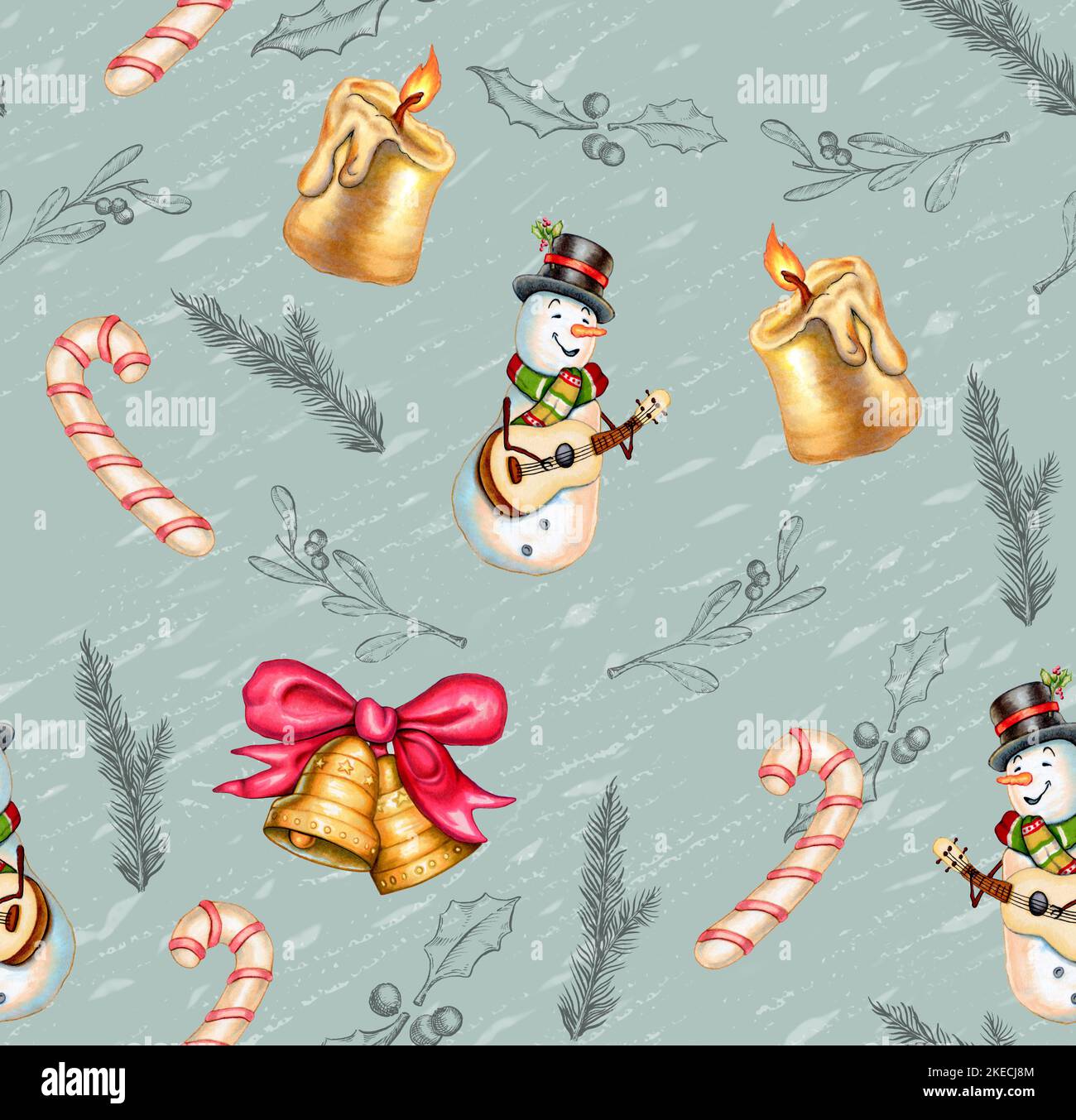 Modello di Natale con decorazioni disegnate a mano tra cui alcuni snowmen, candele, zucchero canne e campane. Illustrazione digitale. Foto Stock