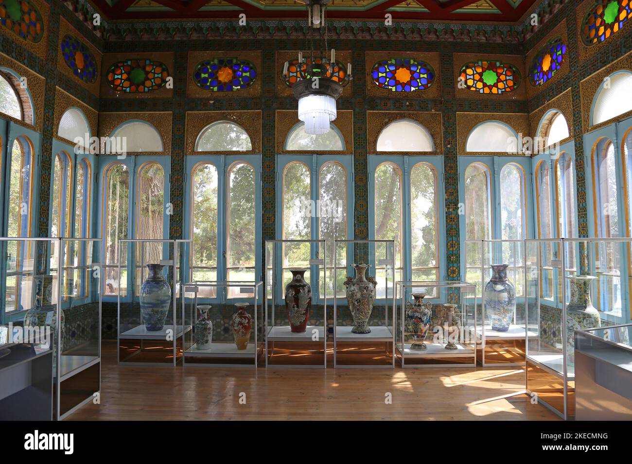 Tea Pavilion, Sitorai Mokhi Khosa (Palazzo delle Stelle della Luna) - l'ultimo Palazzo Estivo di Emir, Bukhara, Provincia di Bukhara, Uzbekistan, Asia Centrale Foto Stock