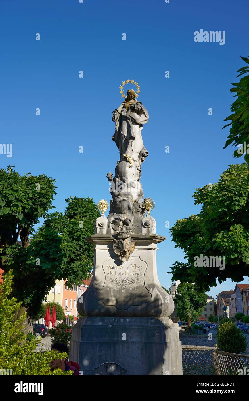Germania, Baviera, alta Baviera, contea di Traunstein, Tittmoning, Piazza della città, Mariensäule Foto Stock