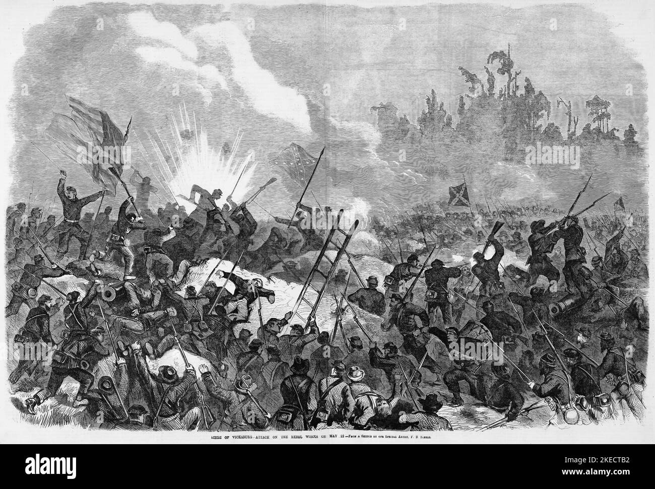 Assedio di Vicksburg - attacco ai Rebel opere il 22nd maggio 1863. Illustrazione della guerra civile americana del 19th° secolo dal quotidiano illustrato di Frank Leslie Foto Stock