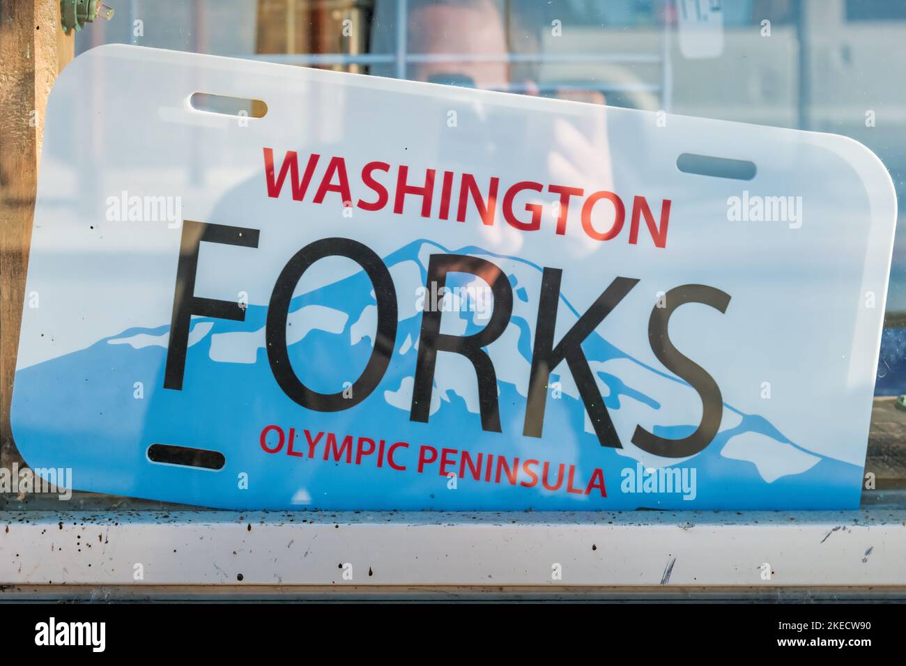 Targa ricordo in un negozio a Forks, WA, USA Foto Stock
