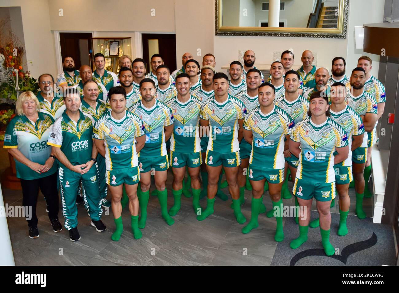 Squadra di Coppa del mondo di rugby Cook Islands 2021. Foto al loro campo base a Rockliffe Hall, Darlington, Regno Unito. Foto Stock