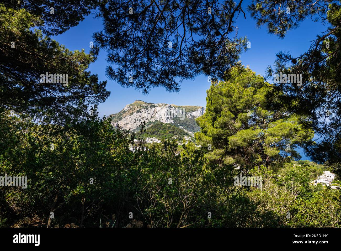 Il Monte Solaro sull'isola di Capri incorniciato dalla vegetazione in una giornata di sole. Foto Stock