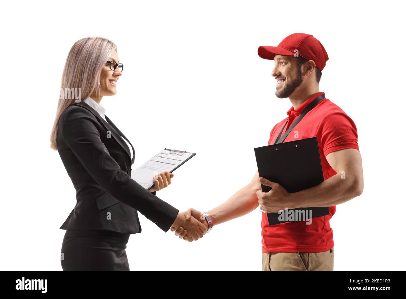 Consegna uomo che scuote la mano con una donna d'affari isolata su sfondo bianco Foto Stock