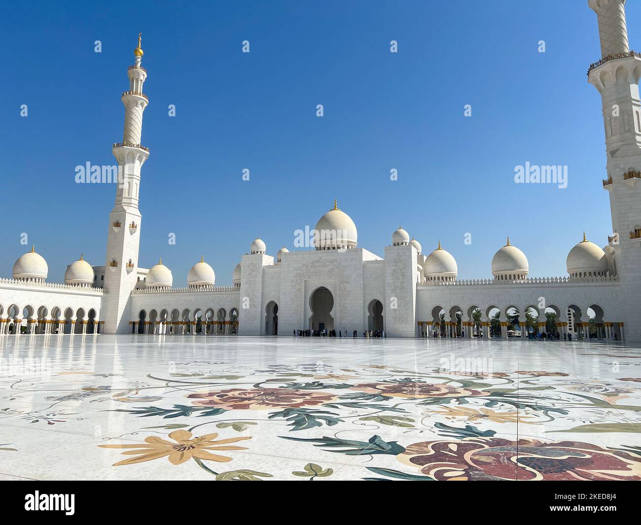 Il bellissimo cortile con dipinti floreali della Grande Moschea dello Sceicco Zayed Foto Stock