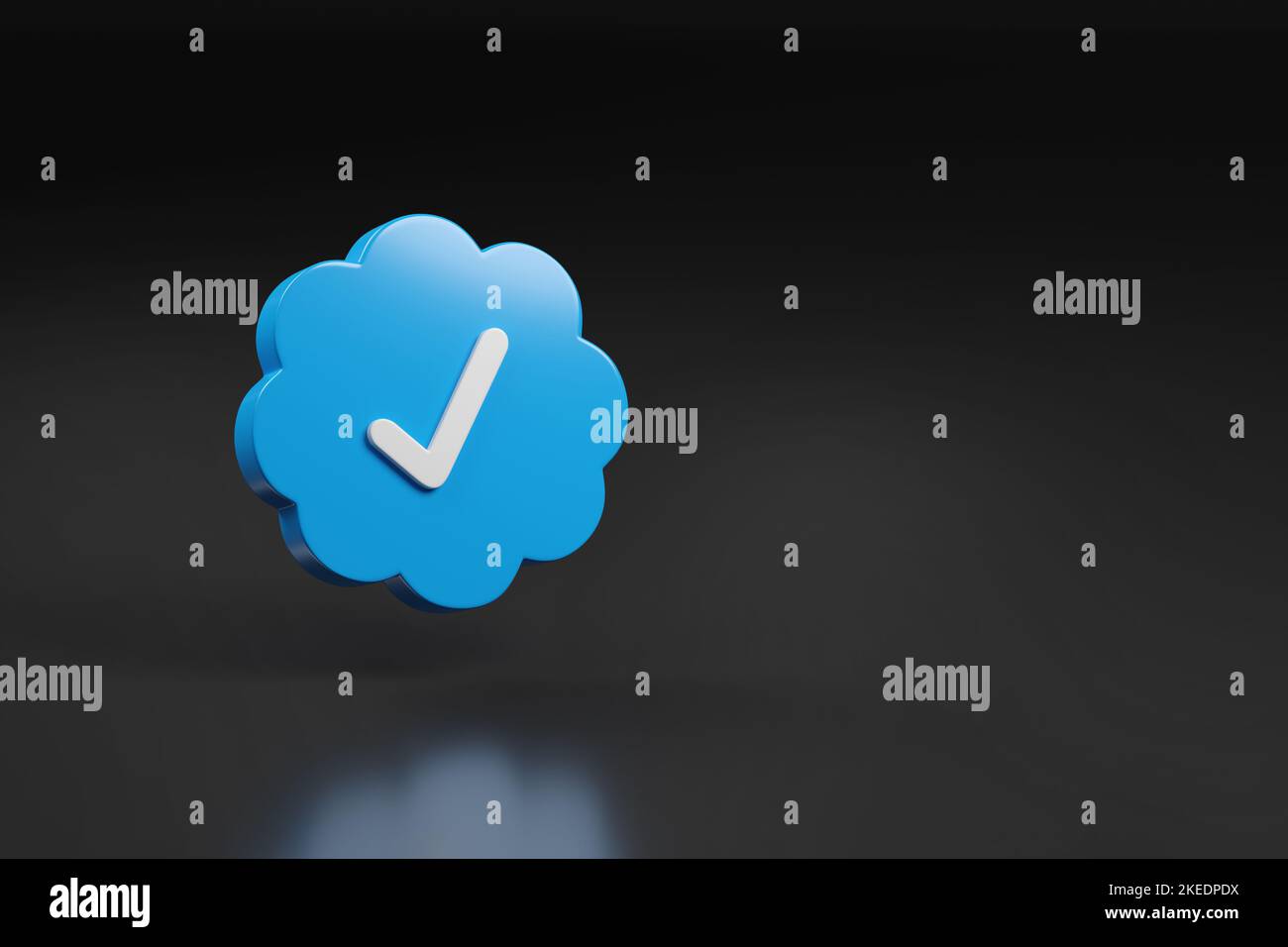 Badge di verifica Twitter con spazio per la copia. Segno di spunta blu. illustrazione 3d. Foto Stock