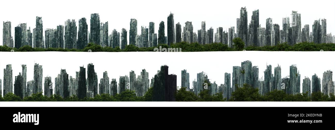 skyline post-apocalittico, grattacieli in rovina, alti edifici coltivati isolati su sfondo bianco Foto Stock