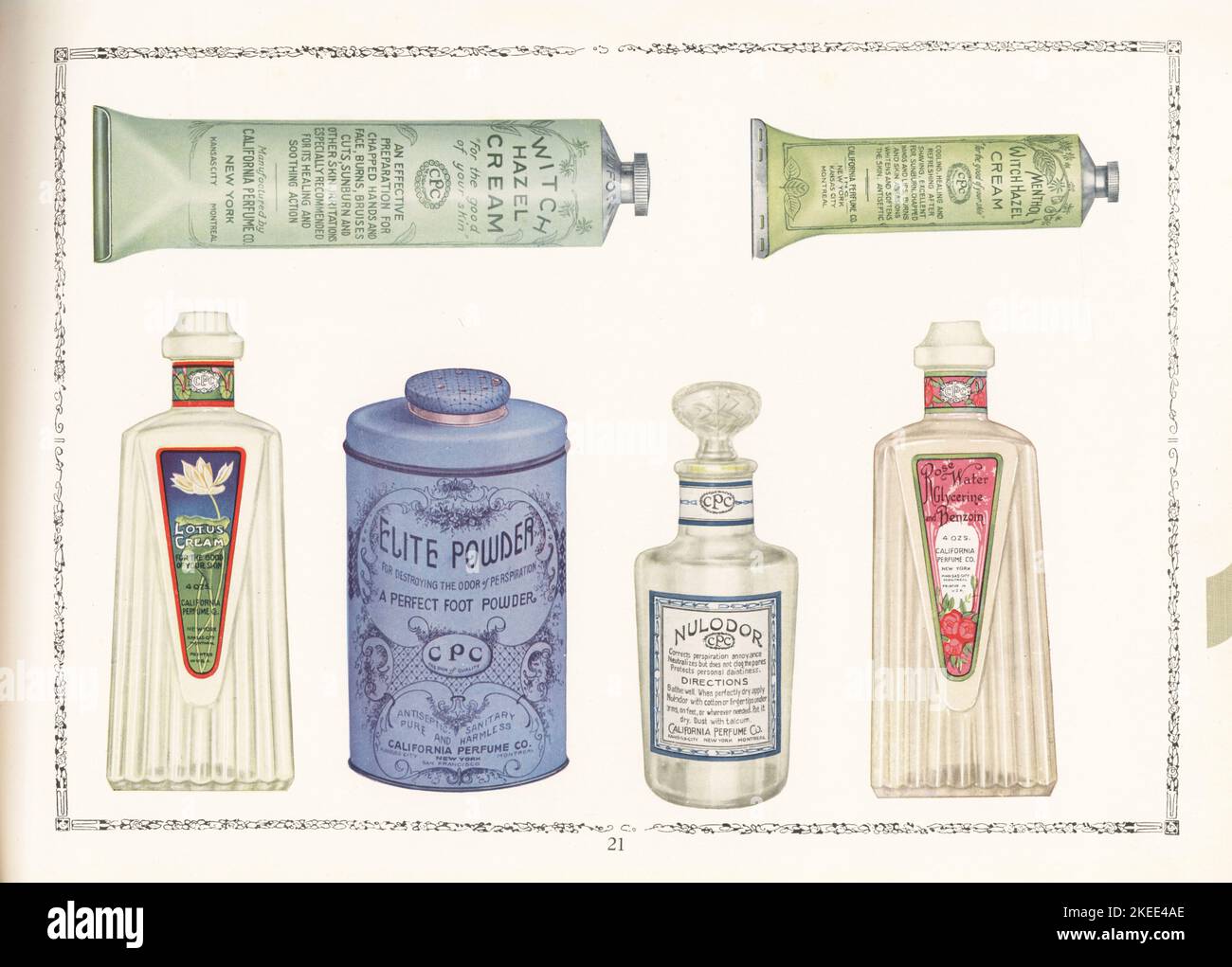 Cosmetici e deodoranti CPC dal 1927. Bottiglia di crema di loto, lattina di polvere per piede Elite, pancetta di deodorante al nulodoro, tubi di crema di Hazel Witch, e pancetta di acqua rosa glicerina e Benzoin. Chromolithograph di un artista sconosciuto del catalogo dei prodotti della California Perfume Company (successivamente Avon), New York, Kansas, Montreal, 1927. Foto Stock