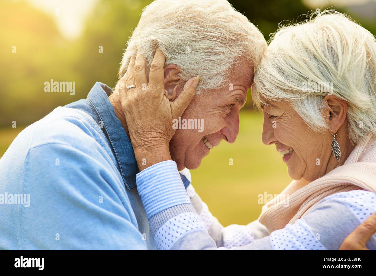 Il loro legame è inscindibile: Una coppia anziana che si gode la giornata insieme in un parco. Foto Stock