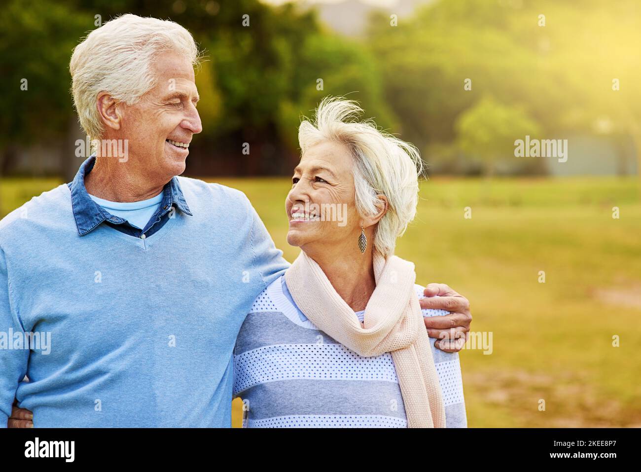 Sempre a fianco. Una coppia anziana che si gode la giornata insieme in un parco. Foto Stock