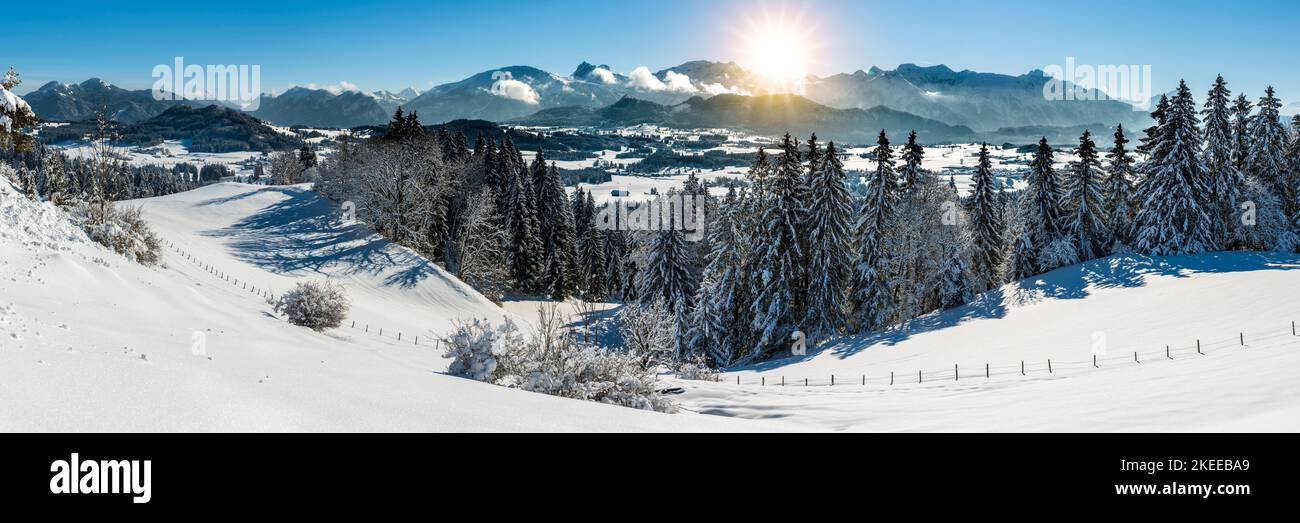 Panorama Landschaft im Allgäu mit Bergkette der Alpen im Winter Foto Stock