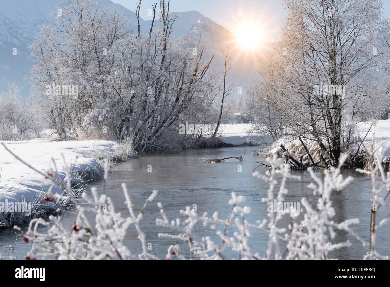 Frost und EIS an einem Fluss im Winter Foto Stock
