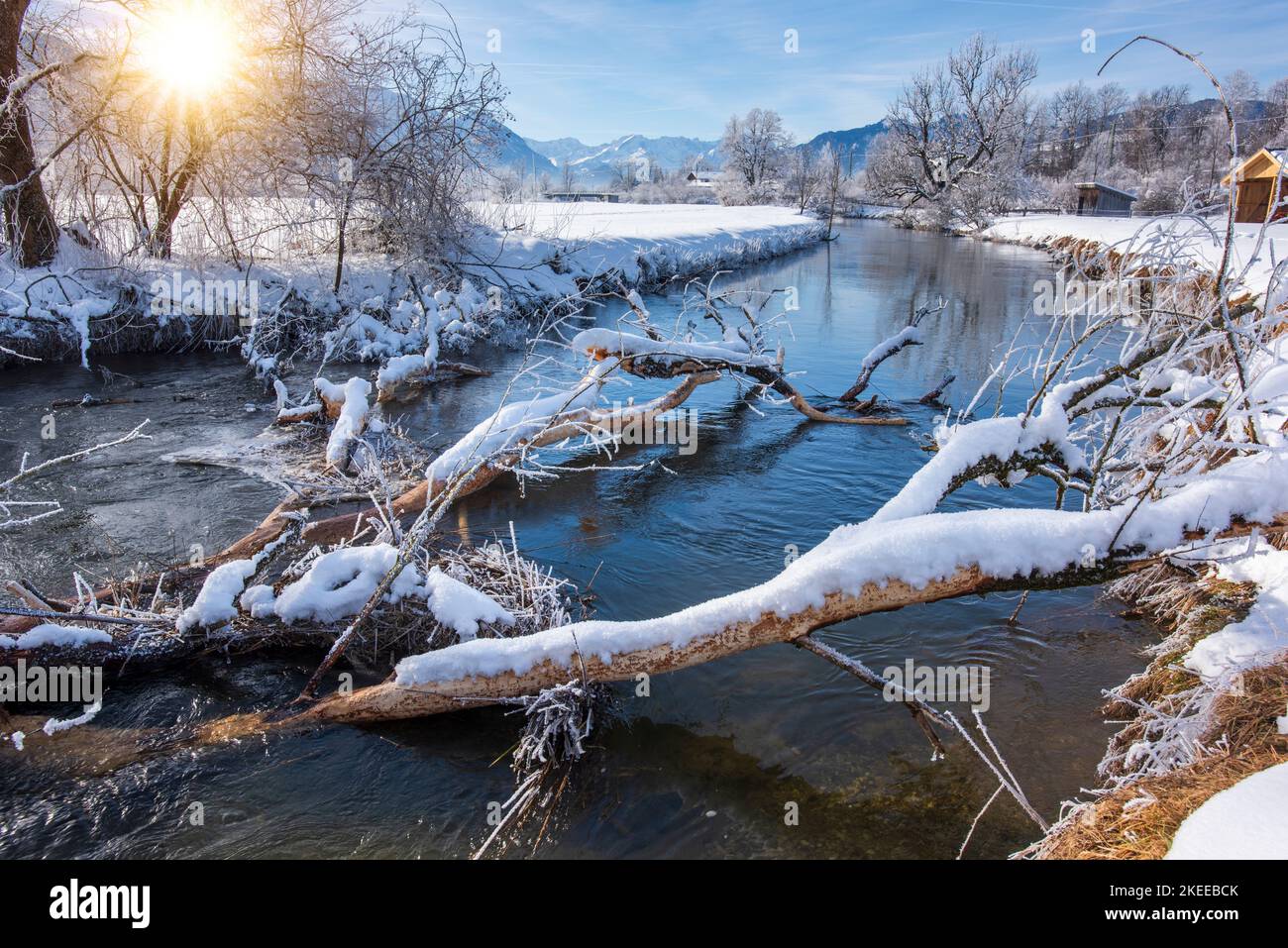 Frost und EIS an einem Fluss im Winter Foto Stock