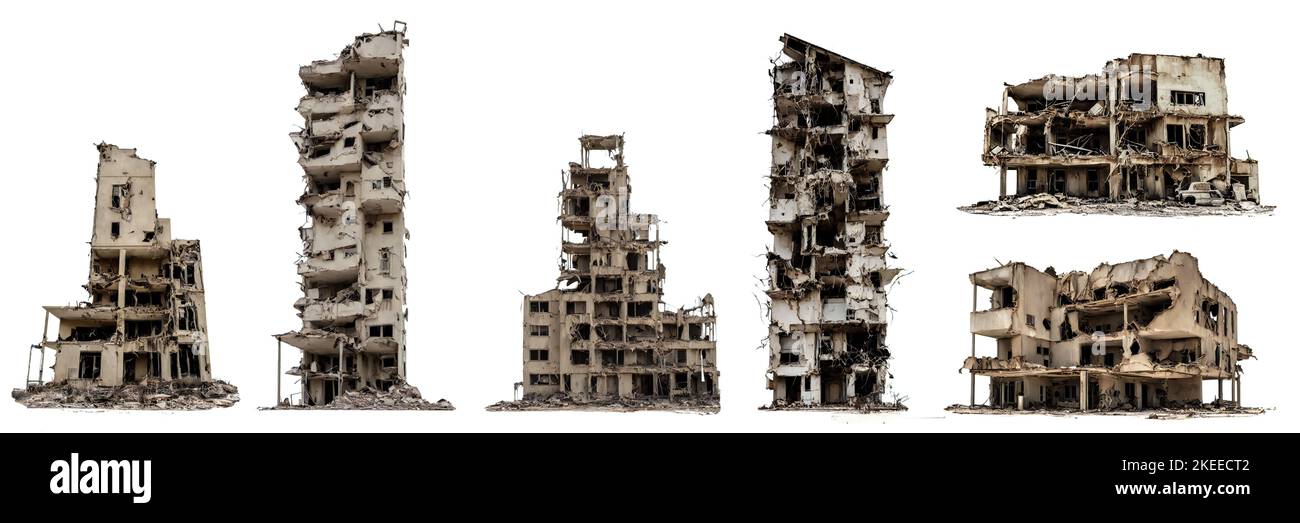 insieme di case in rovina, edifici post-apocalittici isolati su sfondo bianco Foto Stock